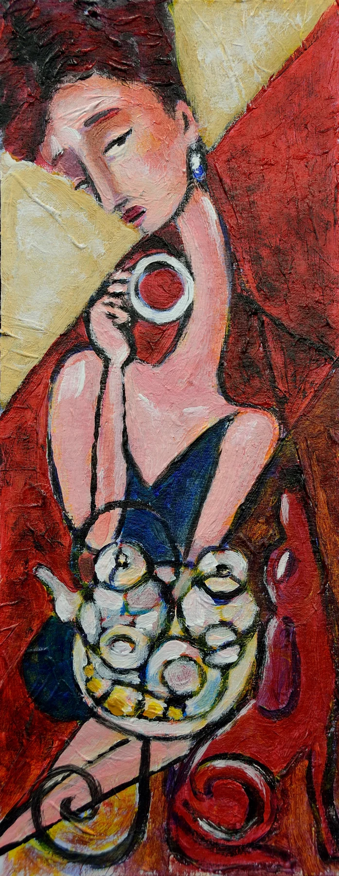 Coffee Time and Dog · Acrílico sobre cartón · 29 × 12 cm